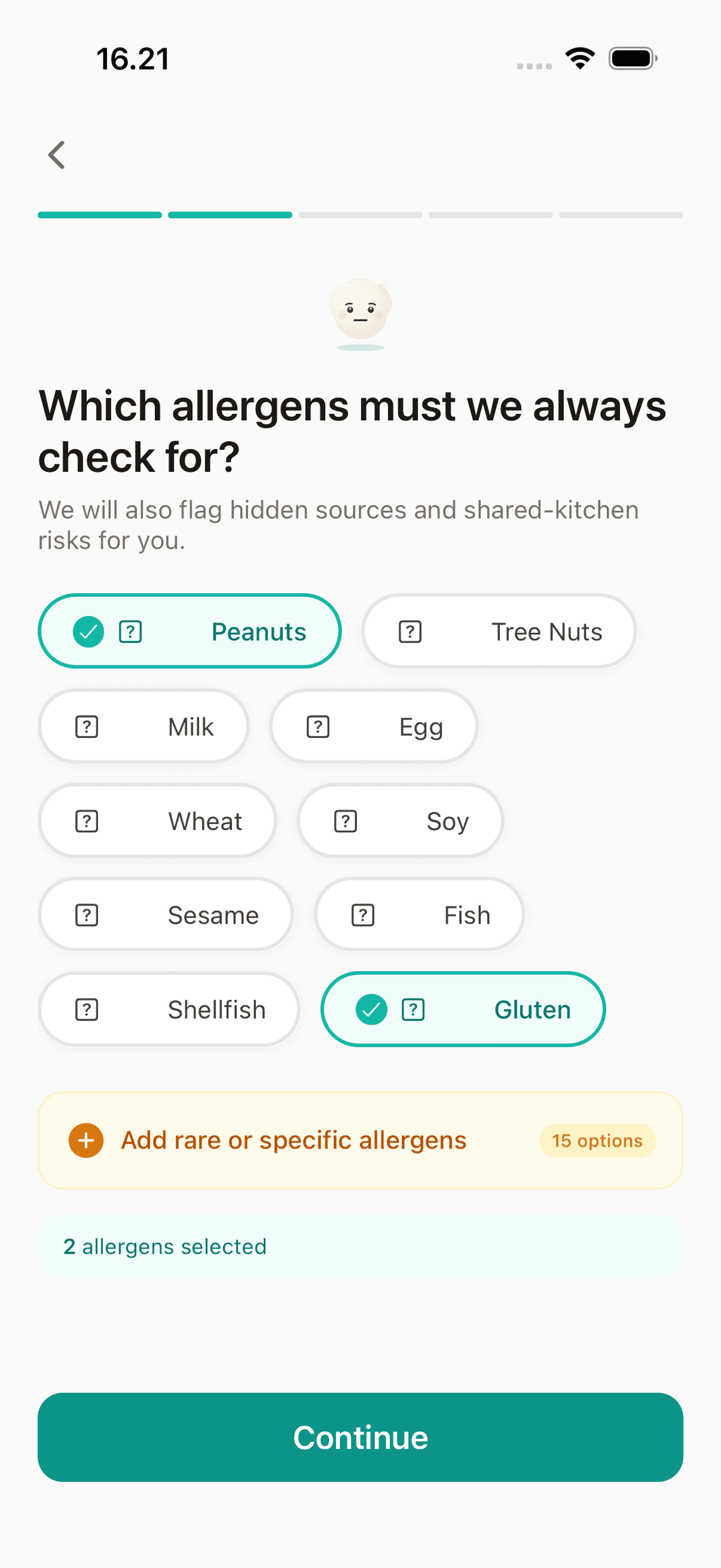 Allergen selection screen